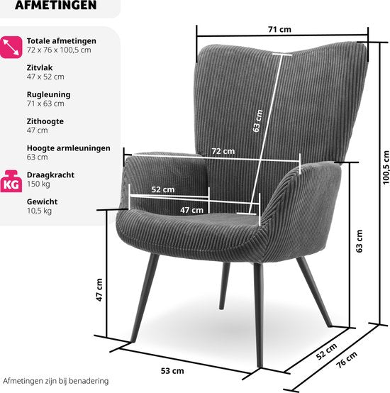 tectake® Fauteuil à oreilles de style scandinave - Velours côtelé Hygge - Chaise de salon, chambre à coucher - Chaise longue - Pieds en métal noir - Capacité jusqu'à 150 kg - Gris