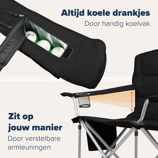 TRVLMORE Chaises de camping - Pliables - 2 pièces - XL - Chaises pliantes - Capacité de charge de 150 kg - Porte-boisson - Compartiment réfrigérant - Poche latérale - Chaise pliante - Noir
