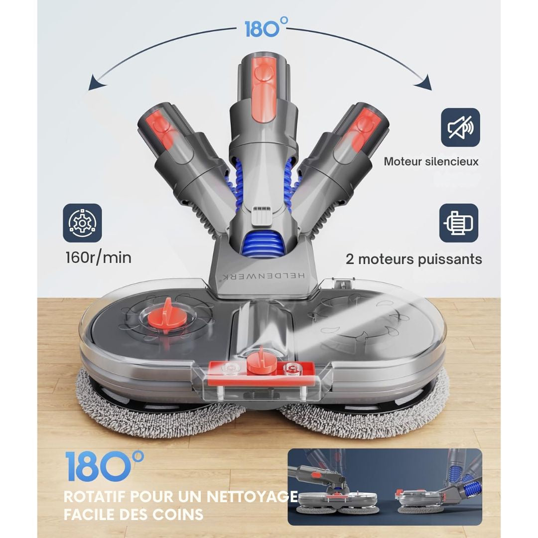 Accessoire serpillière pour aspirateur Dyson - HELDENWORK  -V7/V8/V10/V11/V15/Gen5 - essuie-sol électrique avec réservoir d'eau, de recharge et 8 serpillières lavables - noir/gris