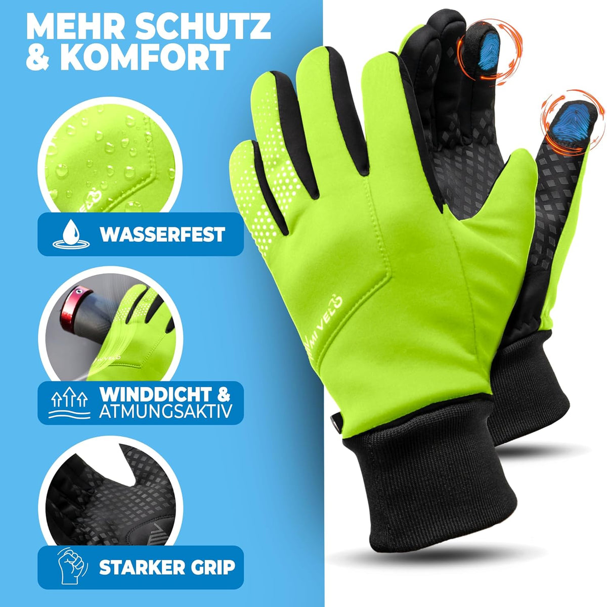 MIVELO Gants de cyclisme VELORIDER - Coupe-vent et imperméable - Grip ferme - Jaune - Taille XXL