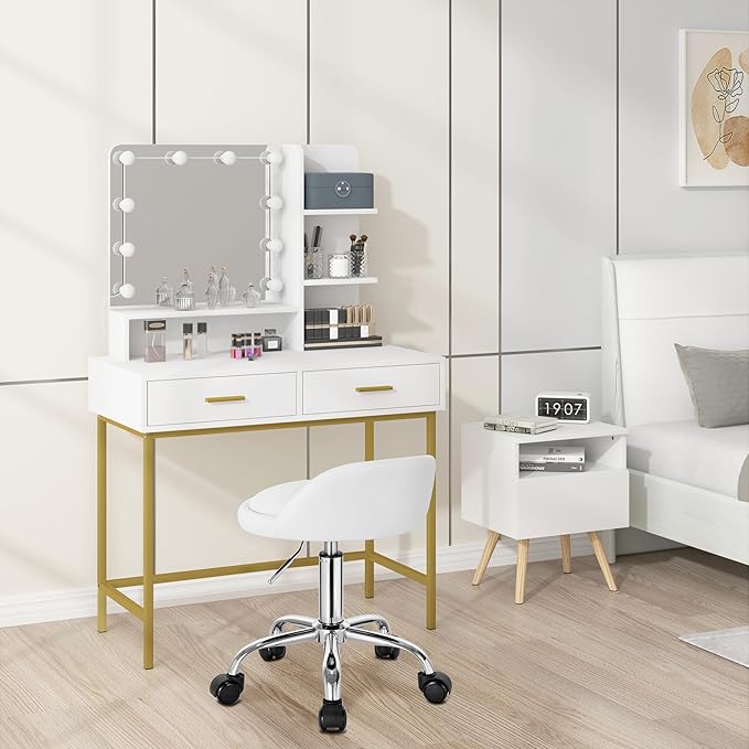 WOLTU Tabouret de bureau - à roulettes - réglable - dossier bas - cuir synthétique - blanc