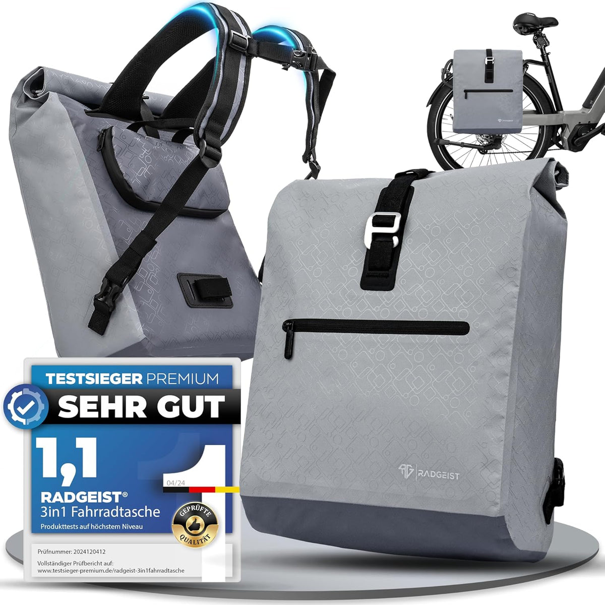 Sac à vélo pour porteur I - RADGEIST - pour femmes & hommes - sac à bandoulière - 20L gris