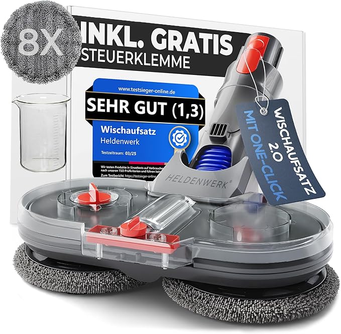 Accessoire serpillière pour aspirateur Dyson - HELDENWORK  -V7/V8/V10/V11/V15/Gen5 - essuie-sol électrique avec réservoir d'eau, de recharge et 8 serpillières lavables - noir/gris