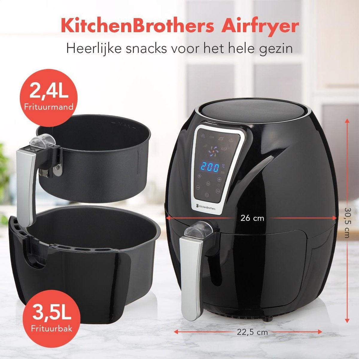 Airfryer KitchenBrothers Friteuse sans huile à hair chaud - 7 programmes automatiques - 80-200°C - 1300W