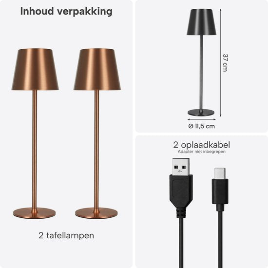 Lampe de table sans fil - Sans fil et rechargeable via USB-C – 3 couleurs de lumière LED – Intérieur et extérieur – Lot de 2 pièces - Bronze - BREND BR-2247