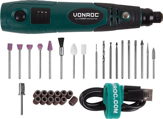 VONROC Rotary Multitool - 4V - Ensemble d'accessoires 31 pièces et sac de rangement inclus