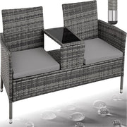 tectake® - banc de jardin en osier avec table, banc 2 places, 131 x 61 x 82 cm, banc pour balcon et terrasse, banc de jardin avec coussin d'assise - gris/gris clair - poly-rattan