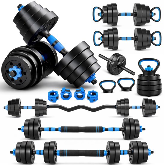 Sportfloww Dumbbells 28,5 kg – Ensemble d'haltères – Ensemble de poids comprenant un kettlebell, une barre d'haltères, une barre EZ et un rouleau abdominal – Haltères réglables