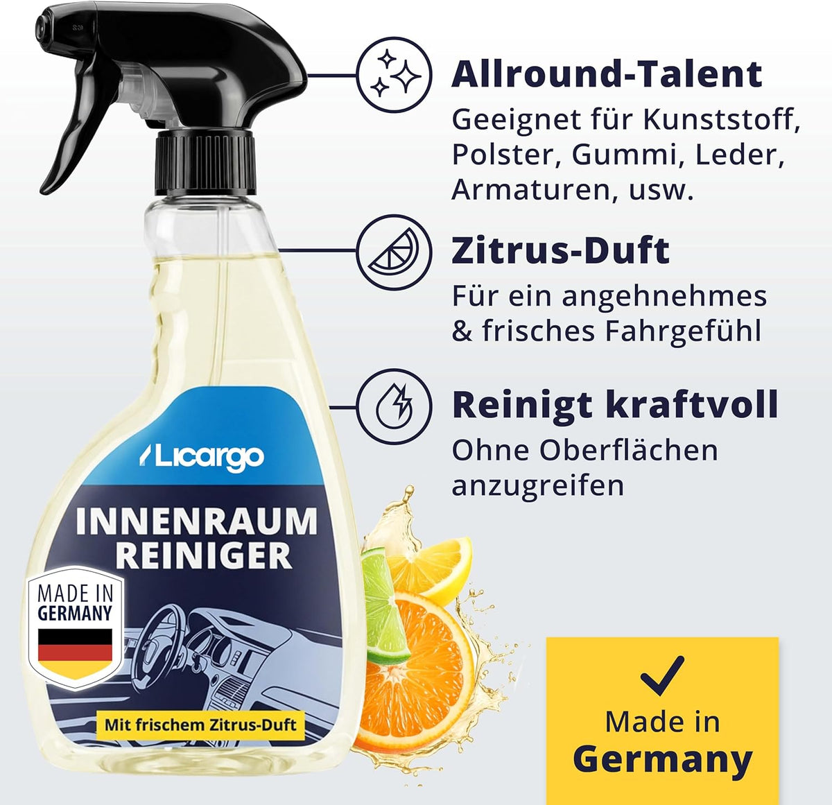 LICARGO nettoyant d'intérieur 2 x 500 ml - nettoyant pour habitacle au pH neutre - pour le plastique, les revêtements et le cuir - nettoyage en profondeur - entretien de l'habitacle