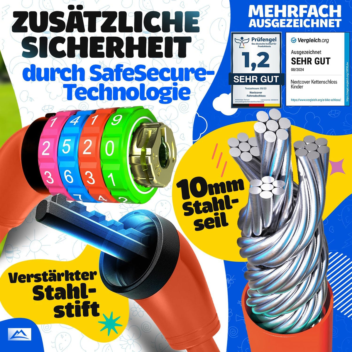 NEXTCOVER® Cadenas à vélo pour enfants - Code numérique à 4 chiffres - Cadenas à combinaison pour vélo avec chiffres colorés - Cadenas pour scooter Extra robuste et sûr - Rouge