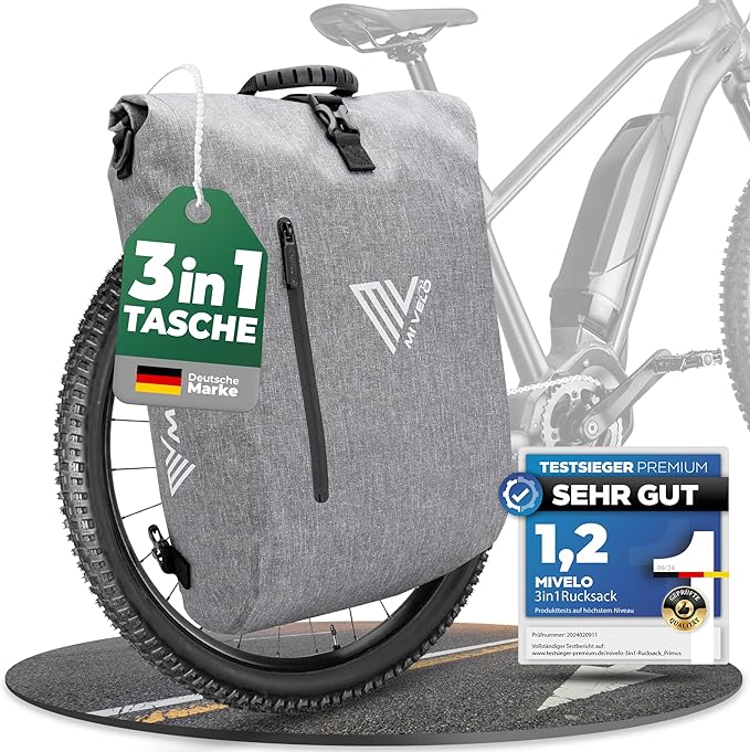 MIVELO 3-in-1 Pannier - Sac à dos et sac à bandoulière - Imperméable avec compartiment pour ordinateur portable et serrure - 20L - Gris