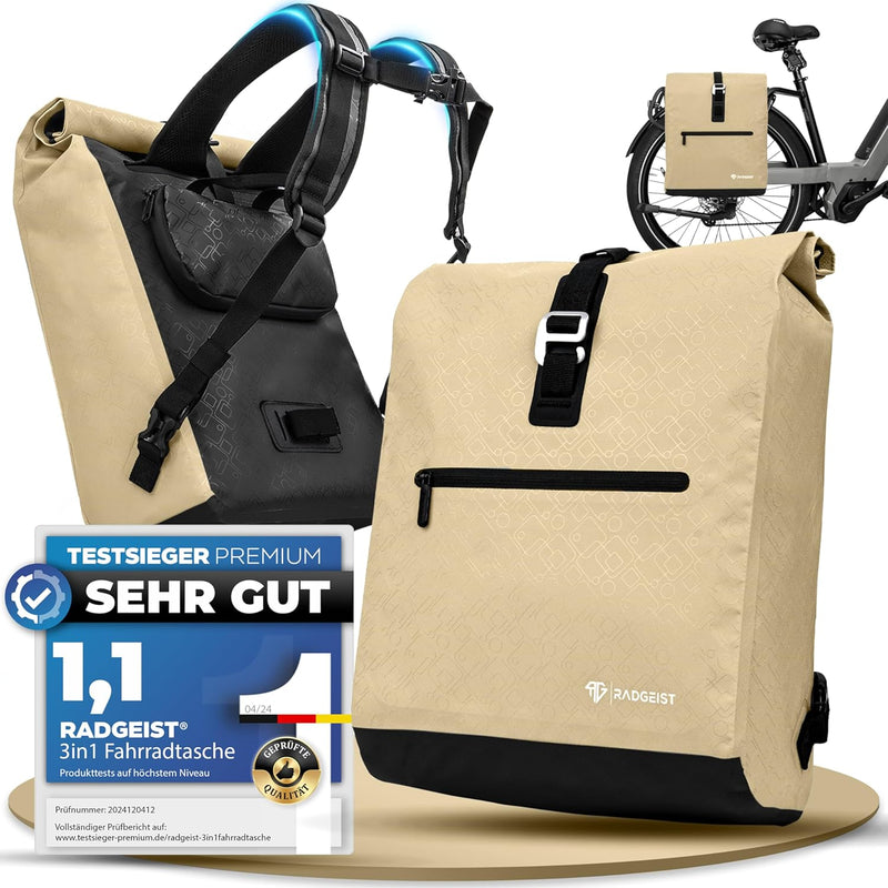 RADGEIST sac à vélo pour porteur I sac à vélo & sac à dos I sac à vélo pour femmes & hommes I sac à bandoulière & sac à vélo pour vélo 20L sable