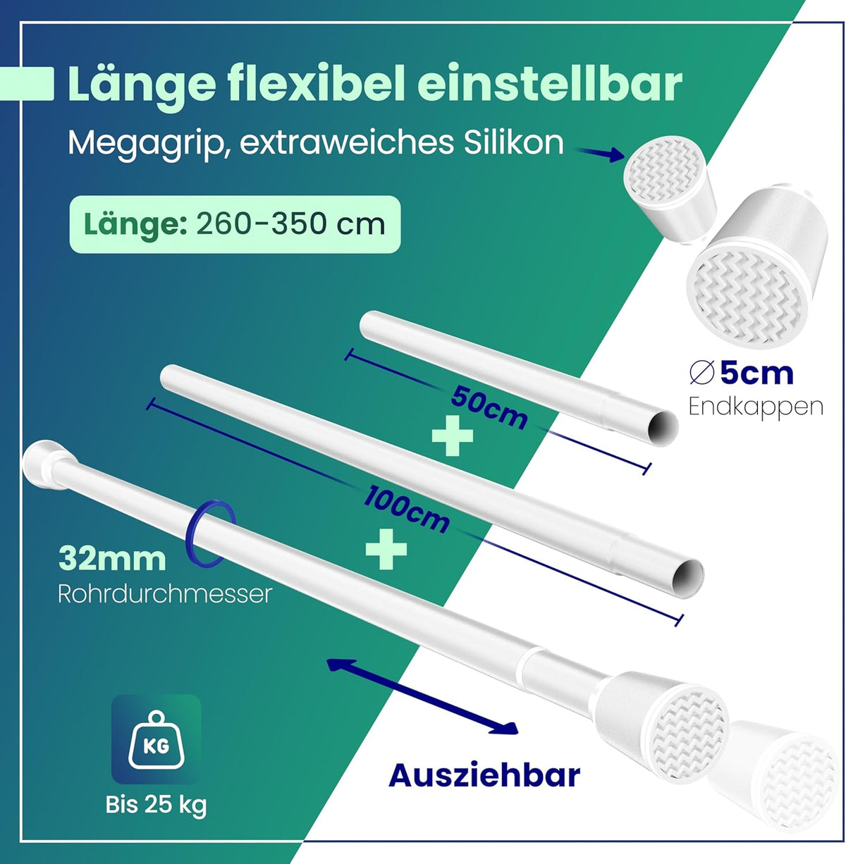 LOBUX Tringle à rideaux - Sans perçage - Blanc - 260 - 350 cm - Télescopique