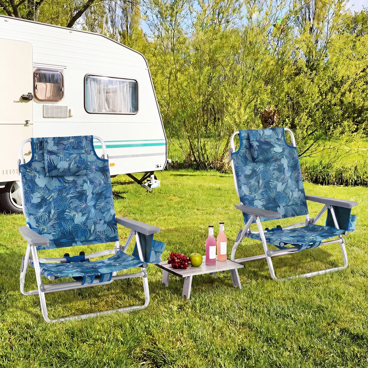 Ensemble de chaises de plage et de table Coast - Réglables sur 5 positions - Pliables - Bleu - Lot de 2 chaises de plage et d'une table
