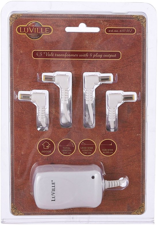 Adaptateur Luville « Village de Noël » 4,5 volts avec 4 fiches - Décorations de Noël d'intérieur - Décorations de Noël « Monde miniature » - Remplace le boîtier à piles - 7 x 4 x 5 cm - Blanc