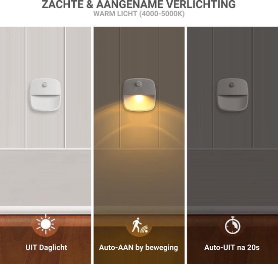 TIKKENS® Veilleuse avec détecteur de mouvement - 3 pièces - Lumière LED pour placard et escalier avec détecteur - Sans batterie