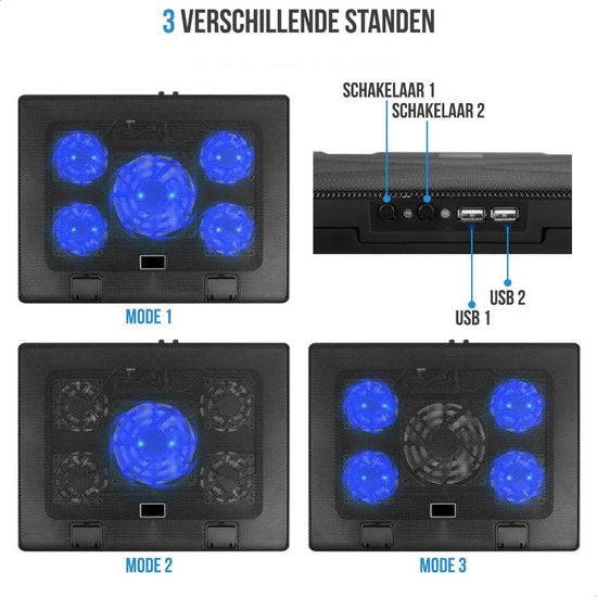 Strex Laptop Cooler - 12" - 17 Inch - Ajustable - 5 ventilateurs - Refroidisseur d'ordinateur portable - Cooling Pad
