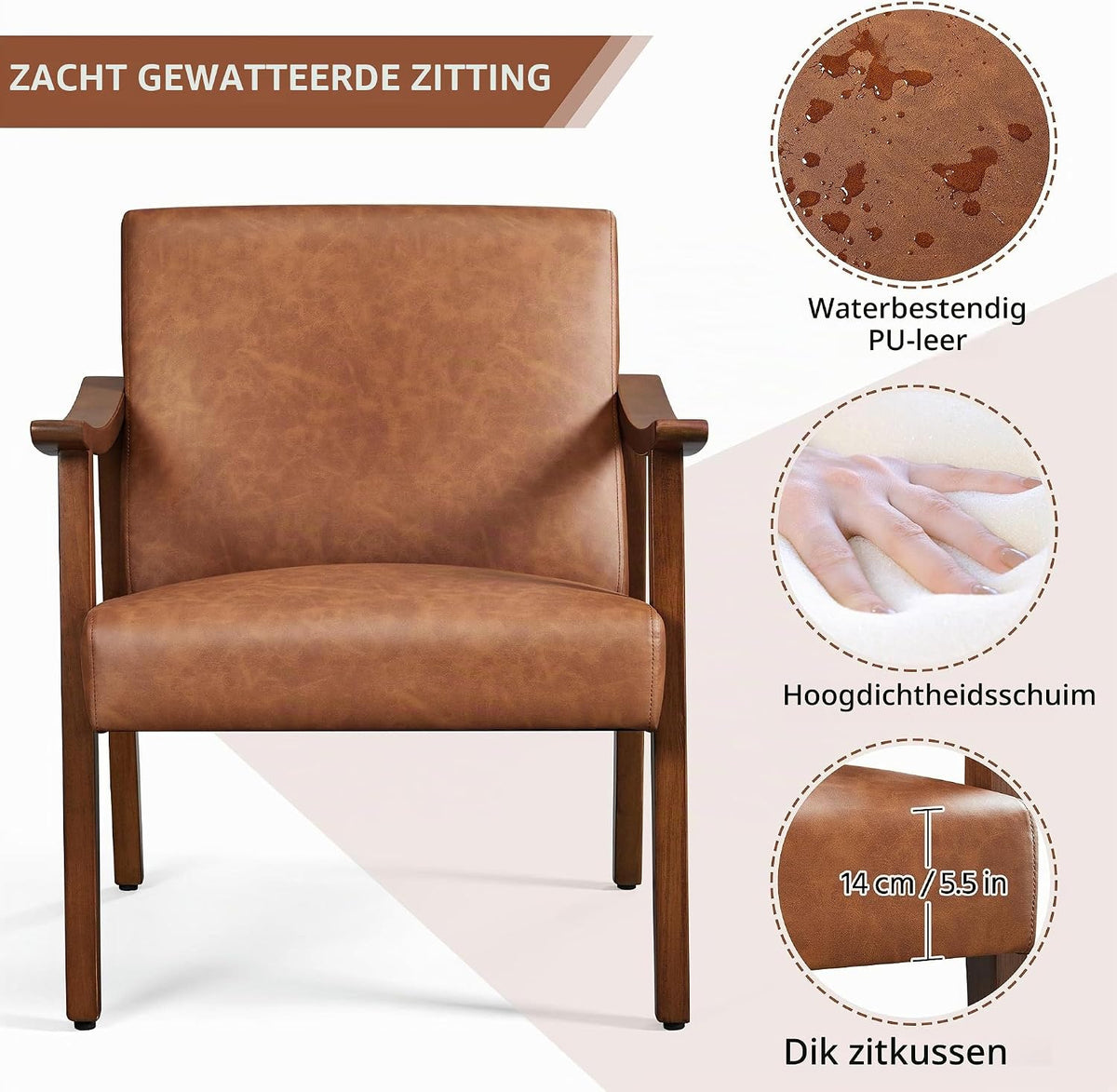 Fauteuil de salon rétro Yaheetech 62 × 70 × 74 cm – marron clair, accoudoirs en bois d'hévéa, capacité de charge de 136 kg