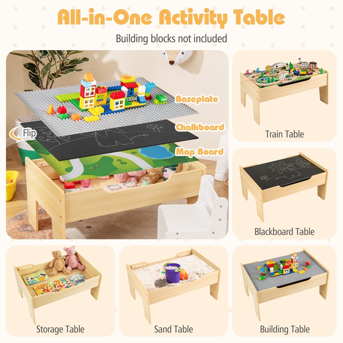 Table de train en bois Coast pour enfants - Table d'activités 5 en 1 - 78 pièces - Couleur naturelle