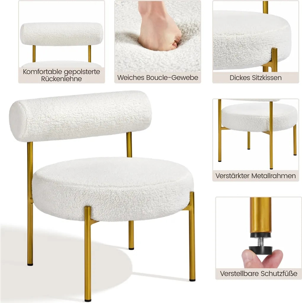 Yaheetech Lounge Chair 63 × 58 × 65 cm - White Bouclé - Chaise relaxante moderne avec assise ronde et pieds en métal