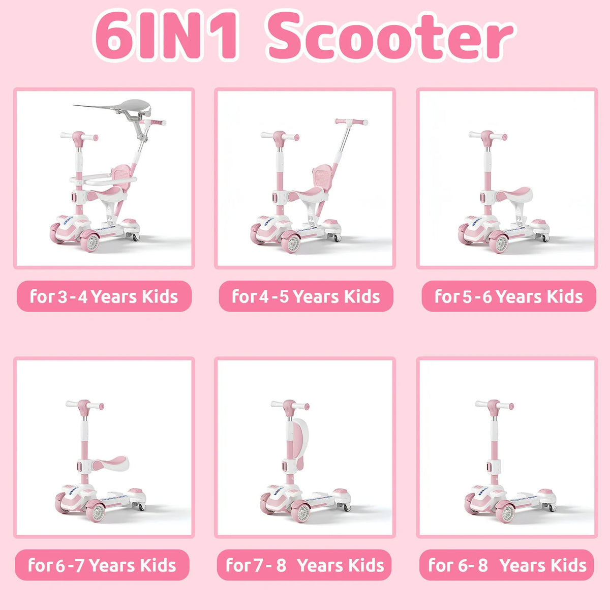 Trottinette pour enfants Neuleb à 4 roues - Siège pivotant - Réglable - Rose - De 3 à 8 ans
