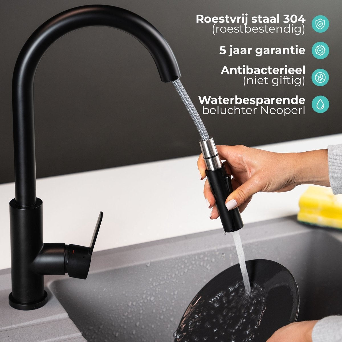 Mizzo Trigo Robinet de cuisine avec douchette extractible - Mélangeur haut 44 cm - Mat - Noir