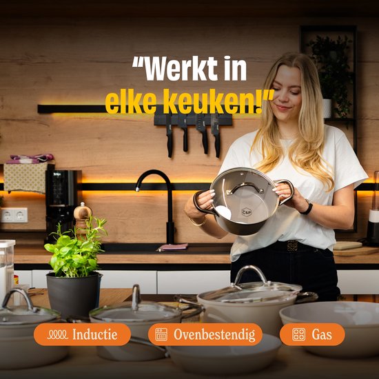 Batterie de cuisine Cook & Pan 9 pièces, couleur Taupe ou Mind - Sans PFAS - Compatible avec toutes les sources de chaleur - Batterie de cuisine garantie 7 ans - Revêtement antiadhésif résistant aux rayures - Lavable au lave-vaisselle - Gaz, induction, él