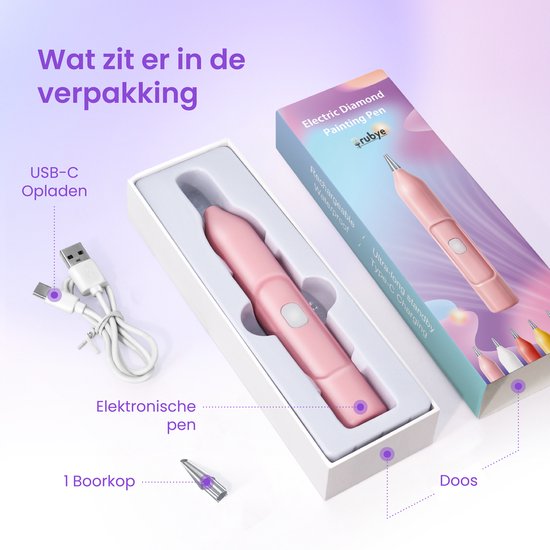 Rubye® - Stylo peintre électrique pour diamants - Avec technologie d'aspiration - Rechargeable via USB-C - Confortable à utiliser - Pour pierres rondes et carrées - Rose