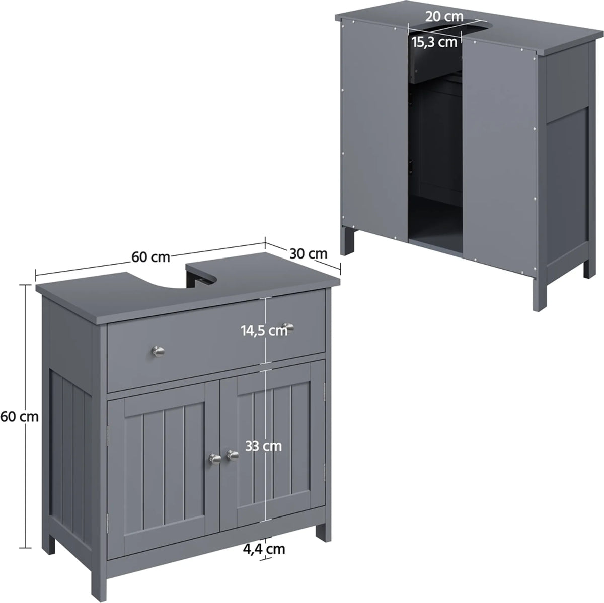 Yaheetech Meuble bas avec tiroir et deux compartiments - équipé d'une découpe pour siphon, d'un revêtement hydrofuge et de ferrures - pour salle de bains de style rustique - Mdf gris foncé et métal - 60 x 30 x 60 cm