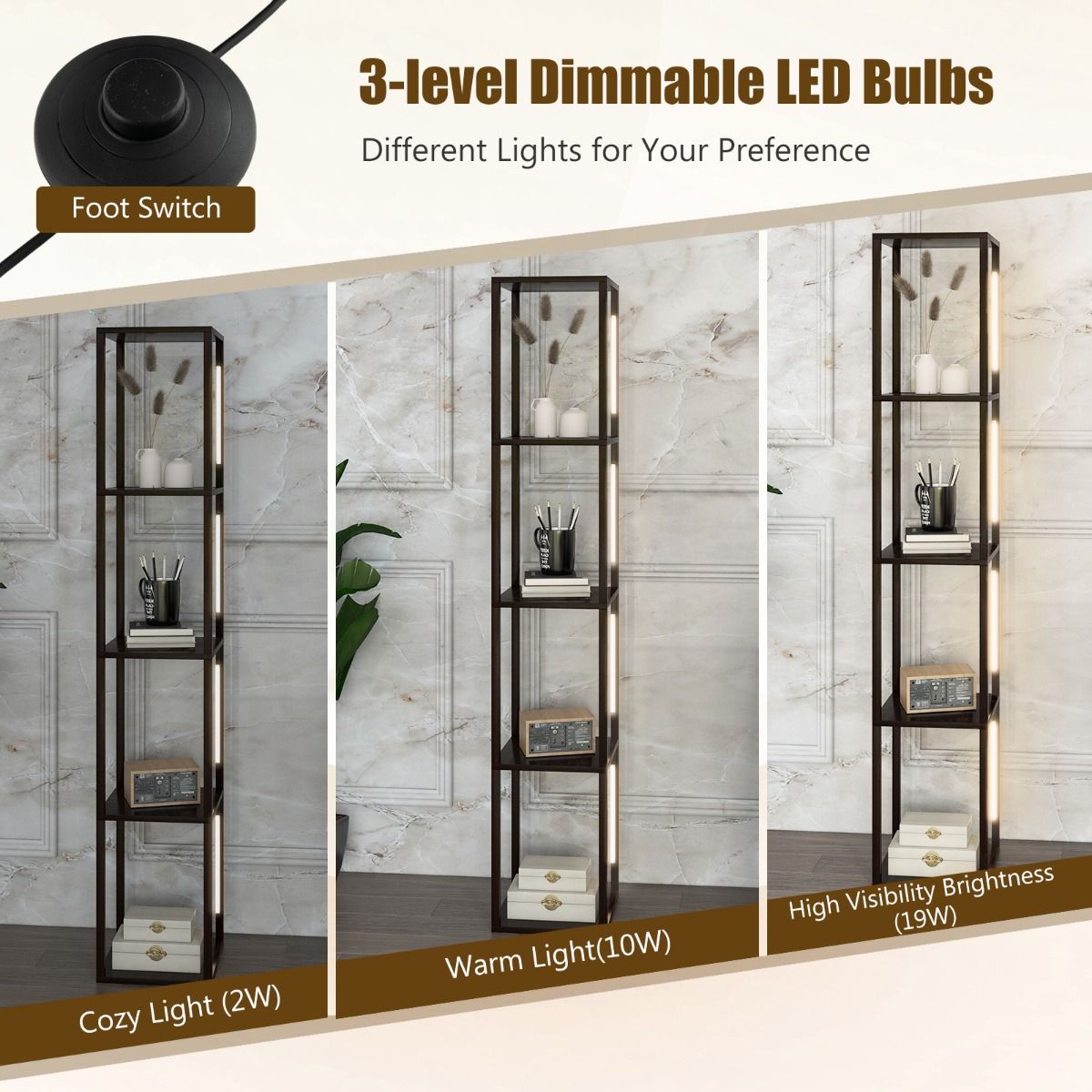Lampadaire Coast avec étagères de rangement - Éclairage LED à 3 niveaux de luminosité réglables - 4 étagères - marron - 163 cm