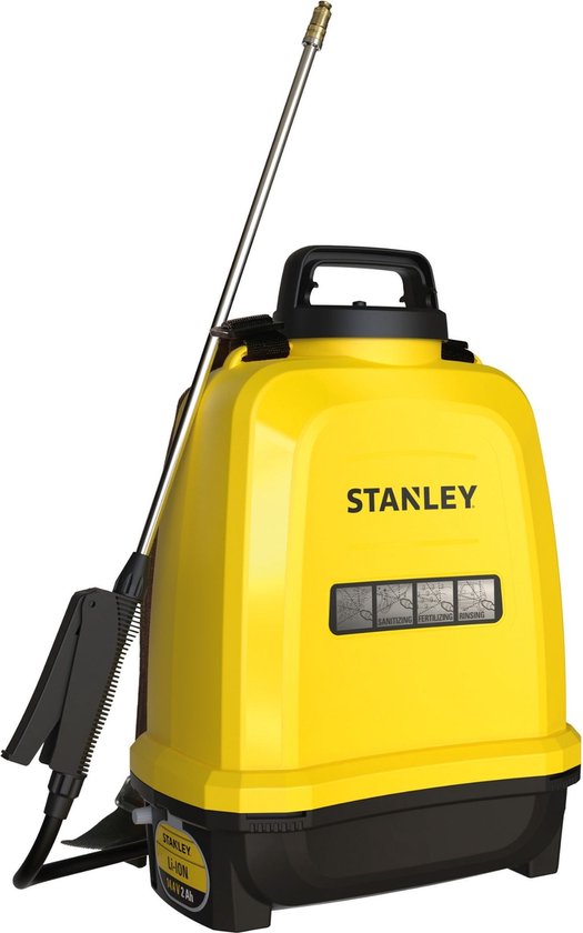 Pulvérisateur à pression Stanley 12 L arrière, pulvérisateur arrière jardin, pulvérisateur à pression, électrique, batterie rechargeable lithium, lance télescopique, buse réglable, autonomie 2 h, max 5 bar, 0.60 l/minute, jaune/noir