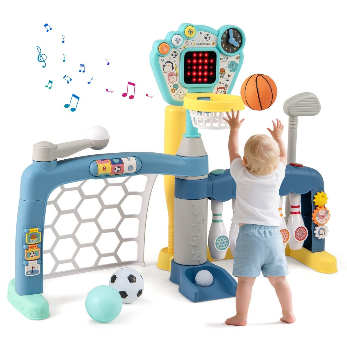 Jouet sportif 5-en-1 Coast pour tout-petits - panier de basket, cage de foot, golf, bowling, baseball - multicolore