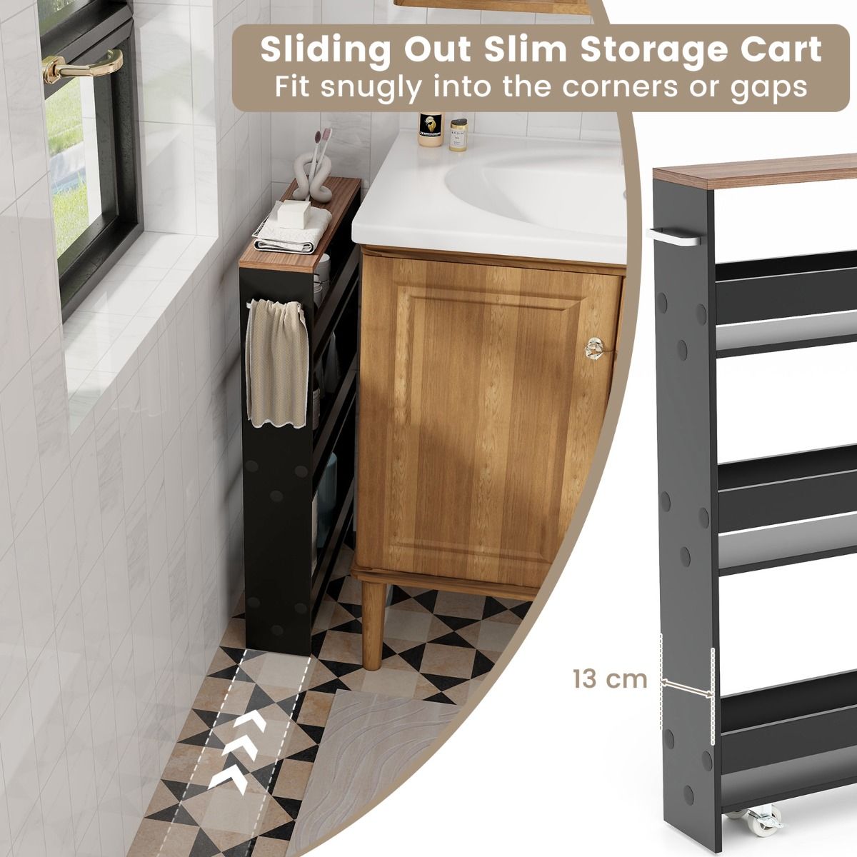 Coast Bathroom Rack On Wheels - 4-Layers - 48 x 13 x 81 cm - Black with Brown