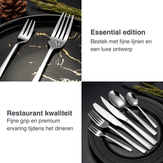 Deleca 12 Person Cutlery Set Essential (72 pieces) - Spoons, Knives, Forks, Steak Knives & Pastry Forks - Dishher safe Cutlery - Shiny Silver / Stainless Steel