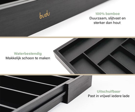 Budu Range-couverts extensible en bambou #47 (47 cm de profondeur) - Noir - Cassette à couverts en bois - Tiroir à couverts - 47 x 30.6 - 50 cm - 6/8 compartiments