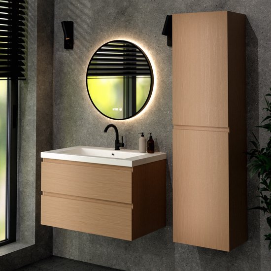 Meuble de salle de bains Mirlux en chêne clair 80 cm - Lavabo blanc - Ensemble de meubles de salle de bains - Meuble sous-lavabo en chêne clair