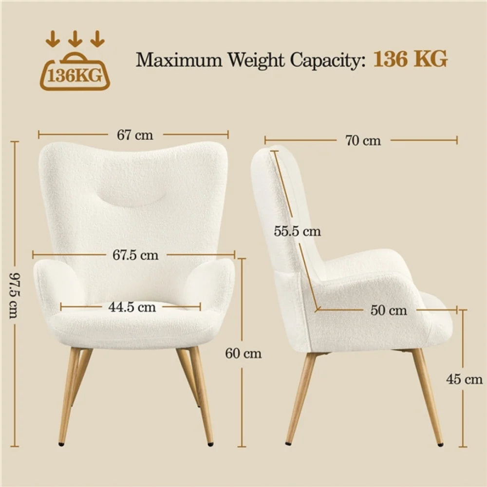Yaheetech Fauteuil Bouclé / Fauteuil 67,5 x 70 x 97,5 cm – Ivoire chaleureux – Polyester bouclé et métal