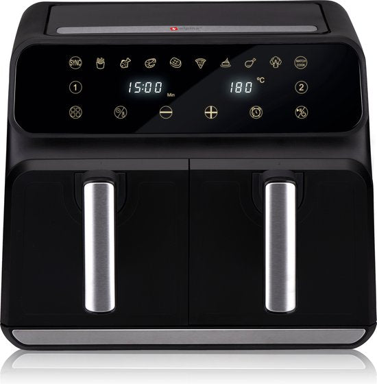 Alpina Double Airfryer XXL - Friteuse à air chaud 2x4 L - Air Fryer avec écran tactile numérique - Four à air chaud pour 6 personnes et plus - 8 programmes de cuisson - Mode Sync - Fonction minuterie