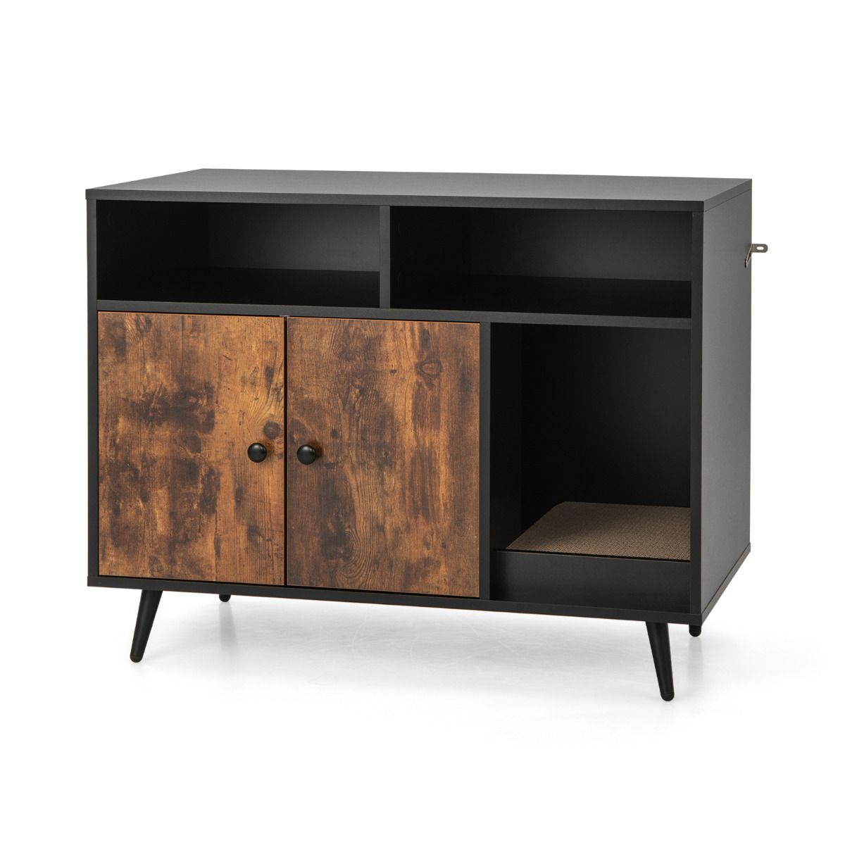 Meuble pour litière Coast avec arbre à chat - meuble de rangement avec dispositif anti-basculement - noir et marron - 90 x 50 x 70 cm