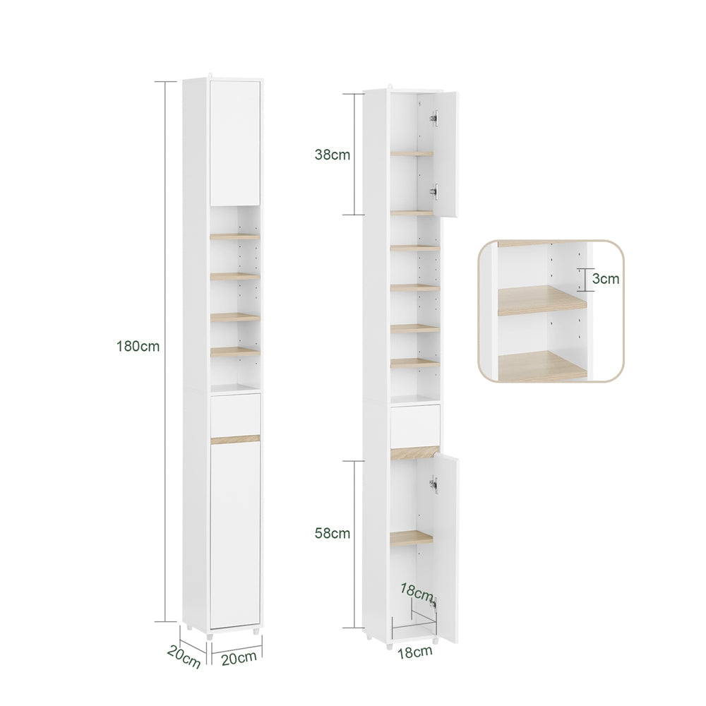 SoBuy BZR34-WN Meuble de salle de bain haut 20x20x180 cm - Blanc et bois - Meuble de rangement étroit et indépendant avec étagères et tiroirs réglables