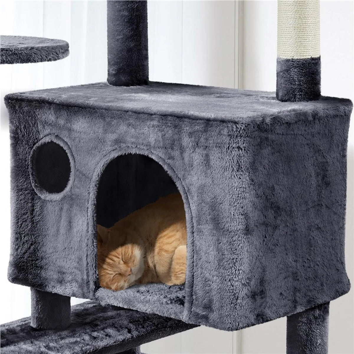 Yaheetech Cat Post XXL avec deux paniers pour chats - équipé d'une rampe d'escalade, d'une chaise longue pour les oreilles du chat et de boules de jeu suspendues - pour les foyers avec plusieurs chats - peluche et sisal gris foncé - 59,5 x 55 x 202,5 cm