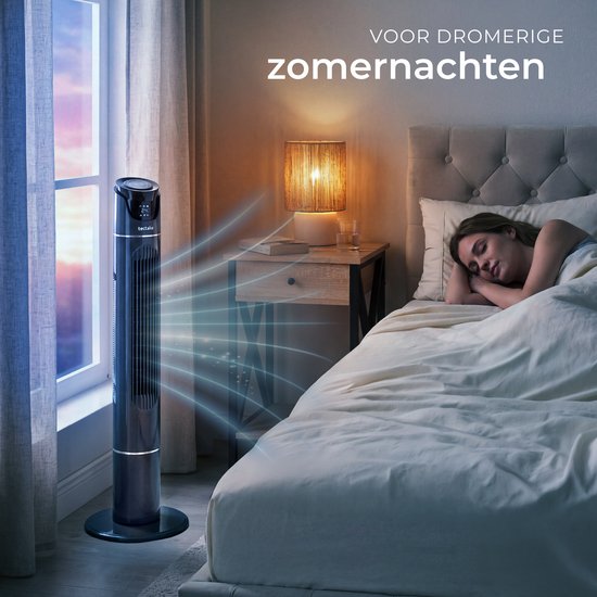 tectake® Grand ventilateur avec télécommande - 110 cm - Ventilateur oscillant à 3 vitesses - Ventilateur colonne - Ventilateur sur pied silencieux avec différents modes de ventilation + minuterie - Rafraîchisseur d'air - Noir