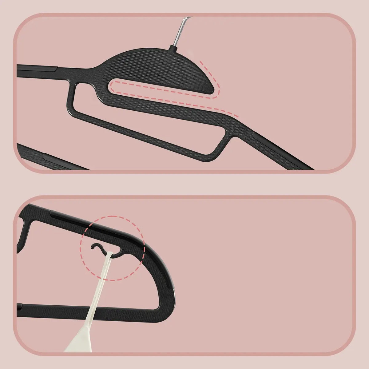 Lot de 50 cintres en plastique Ochama – Noirs, longueur 41,5 cm, profil ultra-fin de 0,5 cm – Ouverture en forme de U pour une utilisation facile, antidérapants, peu encombrants, avec crochet pivotant à 360°