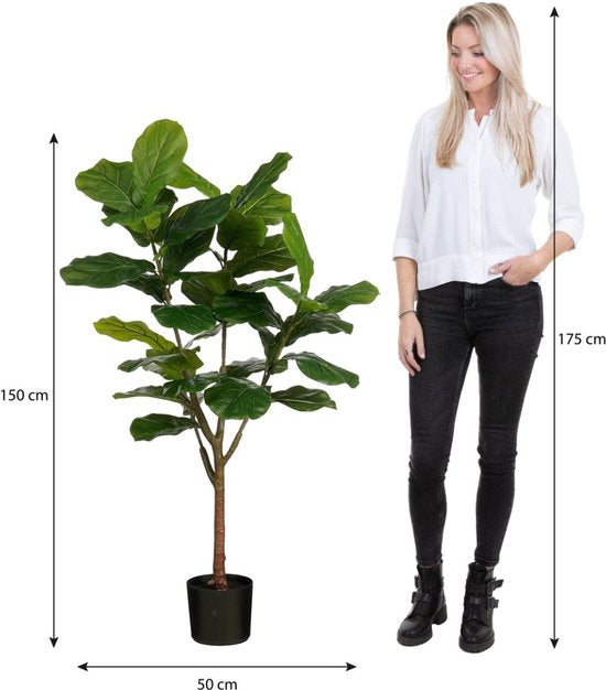 Mica Decorations Ficus Lyrata Plante artificielle - Plante d'intérieur en plastique dans un pot noir - Résistante à l'eau et aux UV, pour l'intérieur et l'extérieur - Décoration botanique sans entretien - H 150 x Ø 50 cm - Vert