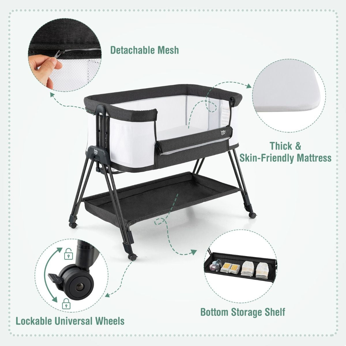 Lit de bébé portable et pliable Lit ajustable avec rangement