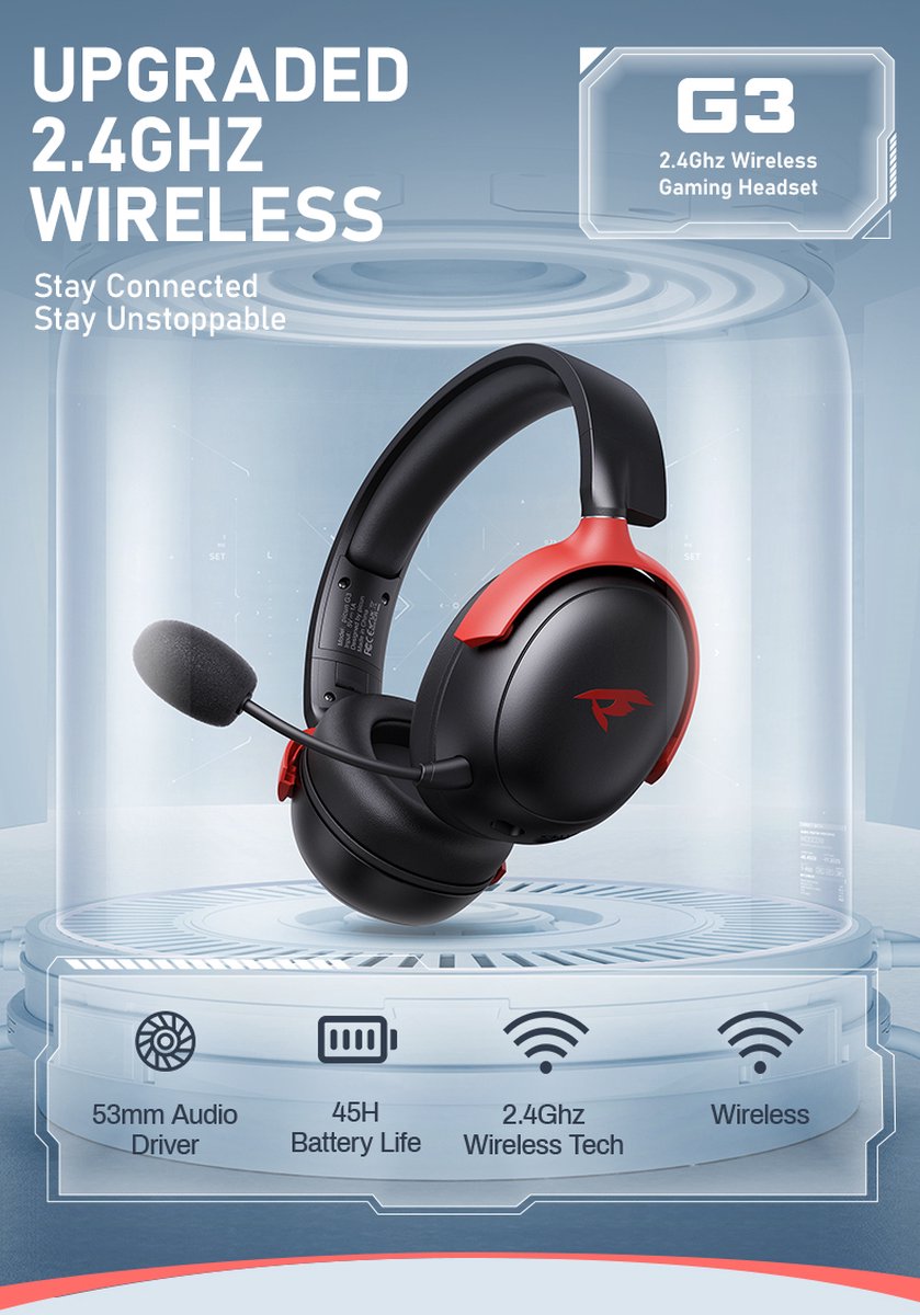 Kofire Picun G3 Wireless Gaming Headset - Casque supra-auriculaire avec microphone - Conducteurs de 53 mm - Autonomie de 50 heures - PC/PS4/PS5/Nintendo Switch/Xbox - Noir/Rouge - 238 g