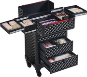 Yaheetech Valise de maquillage à roulettes - 2 tiroirs, poignée extractible et décoration en forme de diamant - Pour esthéticiennes et prothésistes ongulaires - Métal noir et MDF - 34,5 x 24,5 x 58 cm