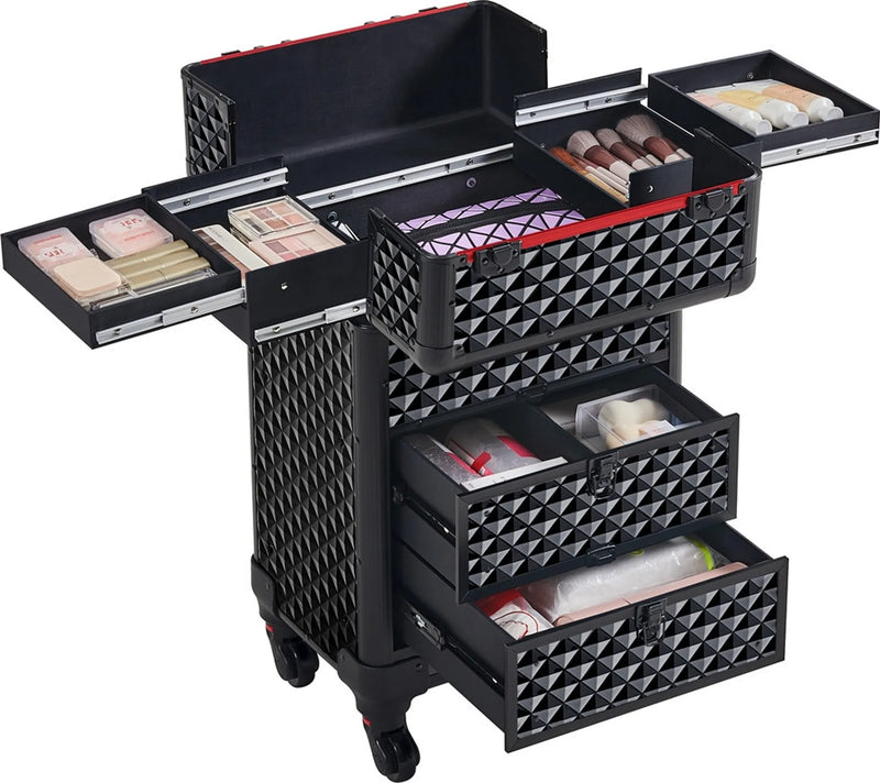 Yaheetech Valise de maquillage à roulettes - 2 tiroirs, poignée extractible et décoration en forme de diamant - Pour esthéticiennes et prothésistes ongulaires - Métal noir et MDF - 34,5 x 24,5 x 58 cm