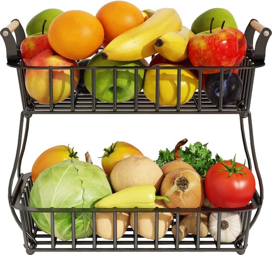 Posity Fruit Bowl 2 Layer - Fruit Basket - Fruit Etagere - Vegetable Basket - Wire Basket - Fruit Rack - Wood & Metal - Black