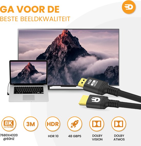 Drivv. Câble HDMI Premium 2.1 - Ultra HD 8K - HDMI vers HDMI - Convient à Xbox Series X & PS5 - 2 mètres - Noir